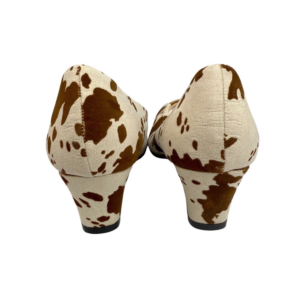 Pierre Dumas Cow Print Mid Heel‎ Pumps Size 9M Brown White Western Retro Shoes - Picture 5 of 9